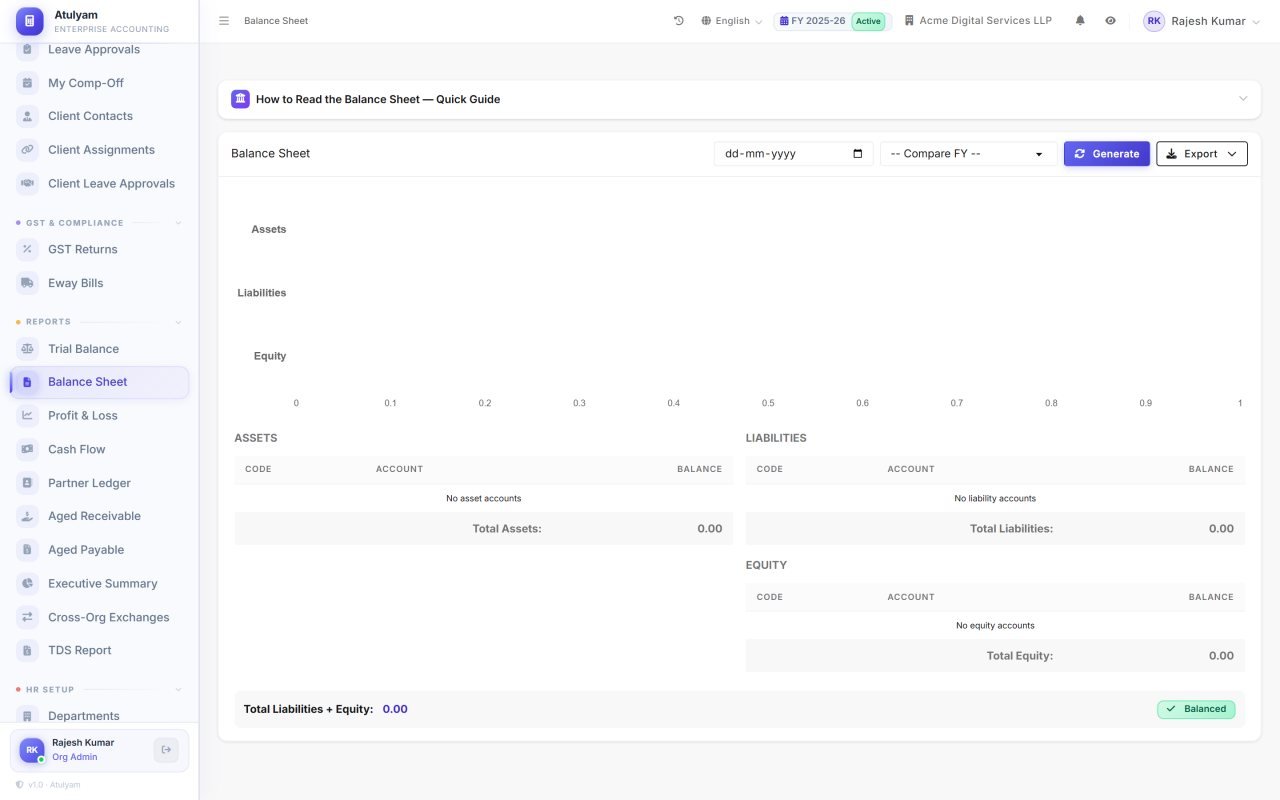 Balance sheet screen in Atulyam — Assets, liabilities and equity as at any date — including stock valued by the inventory module.