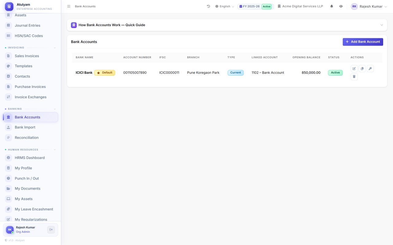 Bank accounts screen in Atulyam — Accounts linked to the chart of accounts, with balances and import history.