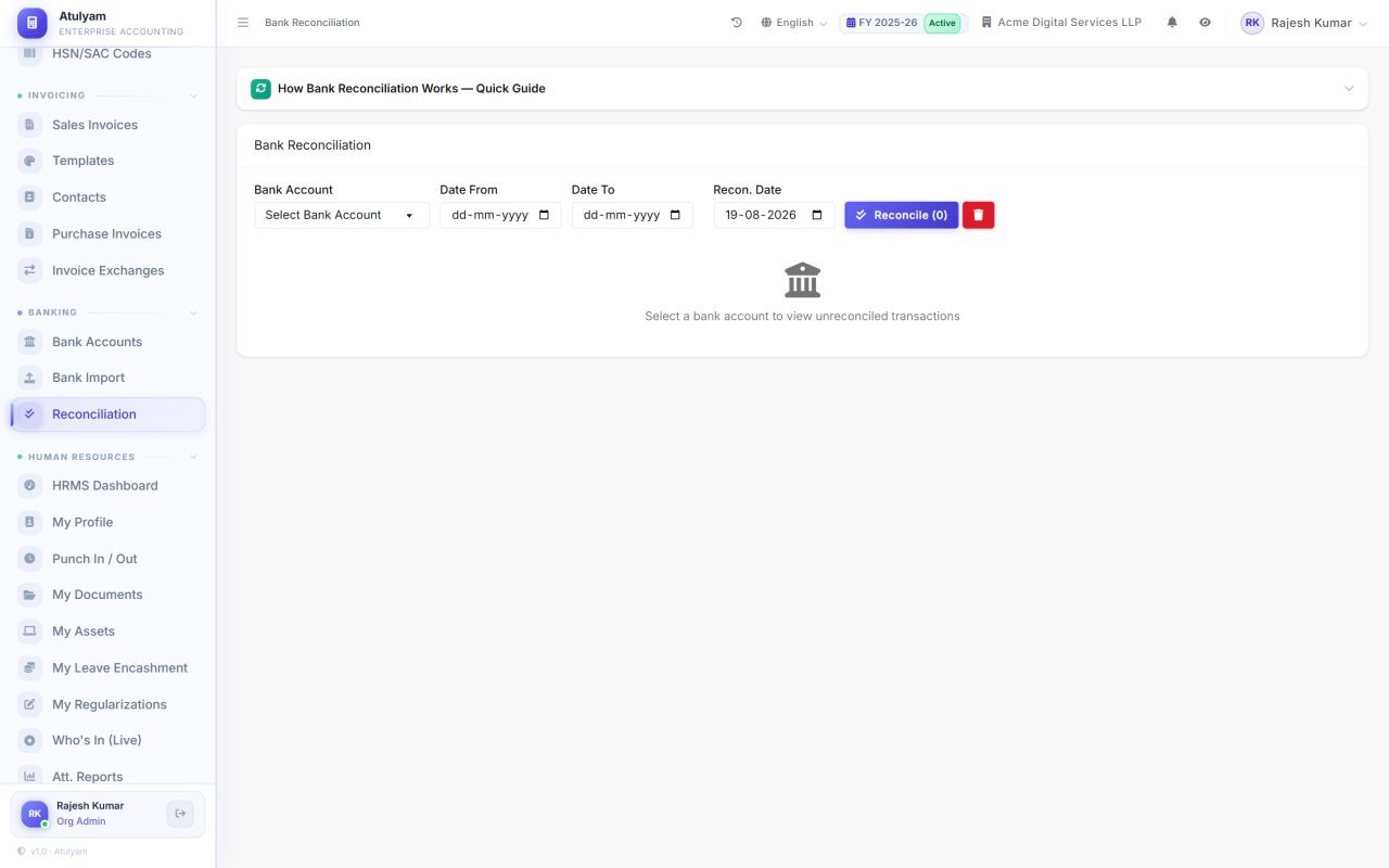 Bank reconciliation screen in Atulyam — Imported statement lines beside your book entries, with match suggestions that improve as you confirm them.