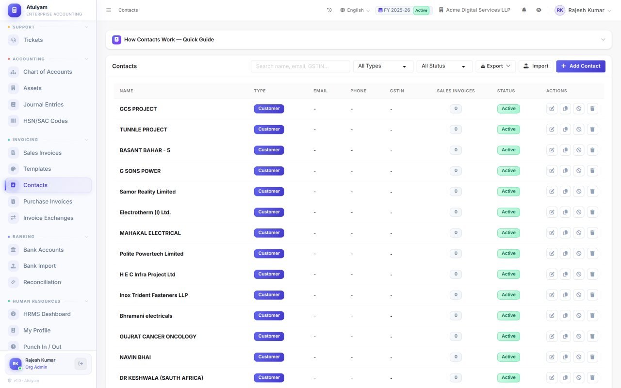 Customers & vendors screen in Atulyam — One contact list serving invoices, bills and purchase orders, with GSTIN and ageing.