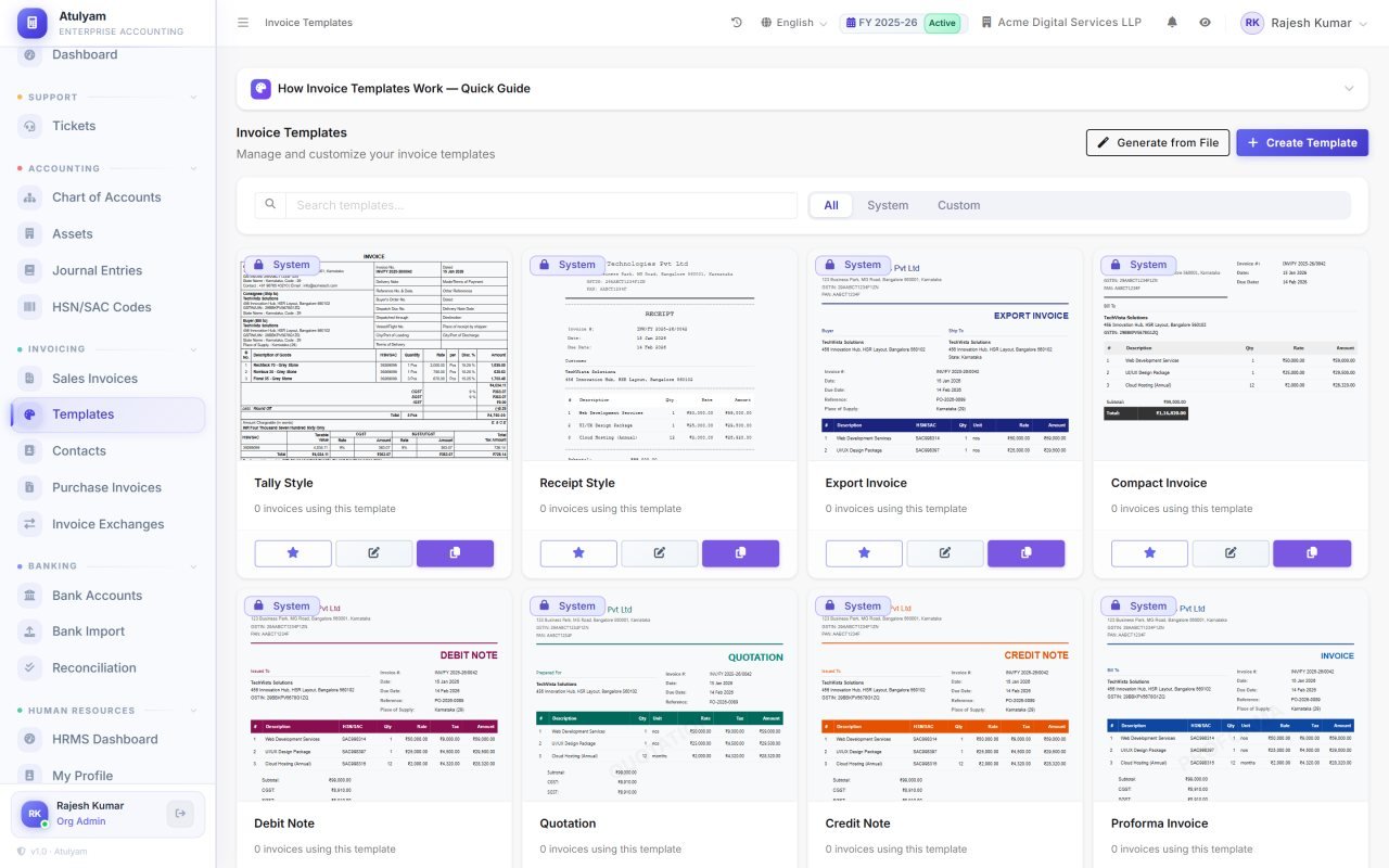 Invoice templates screen in Atulyam — 16 ready templates plus a drag-and-drop builder, or generate one from an invoice you already use.