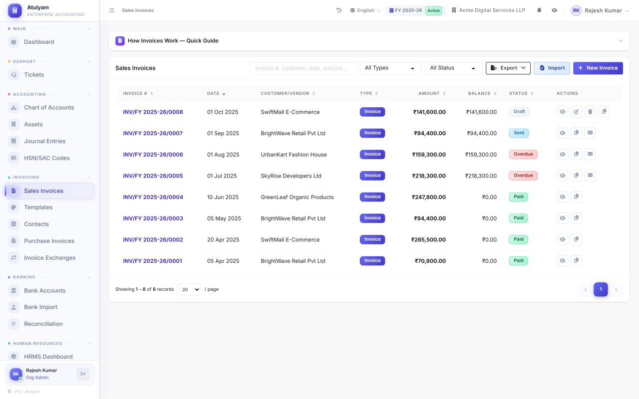 Invoice list screen in Atulyam — Every invoice with status, ageing and payment state, filterable and exportable.