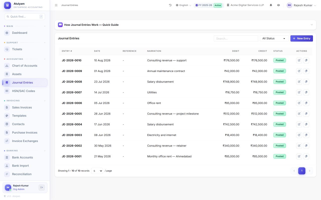 Journal entries screen in Atulyam — Double-entry postings with an audit trail, raised manually or generated by payroll and stock.