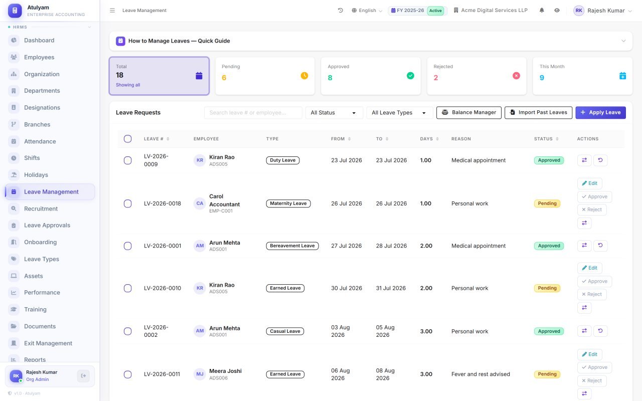 Leave management screen in Atulyam — Requests, balances and approvals governed by the rule engine you configured.