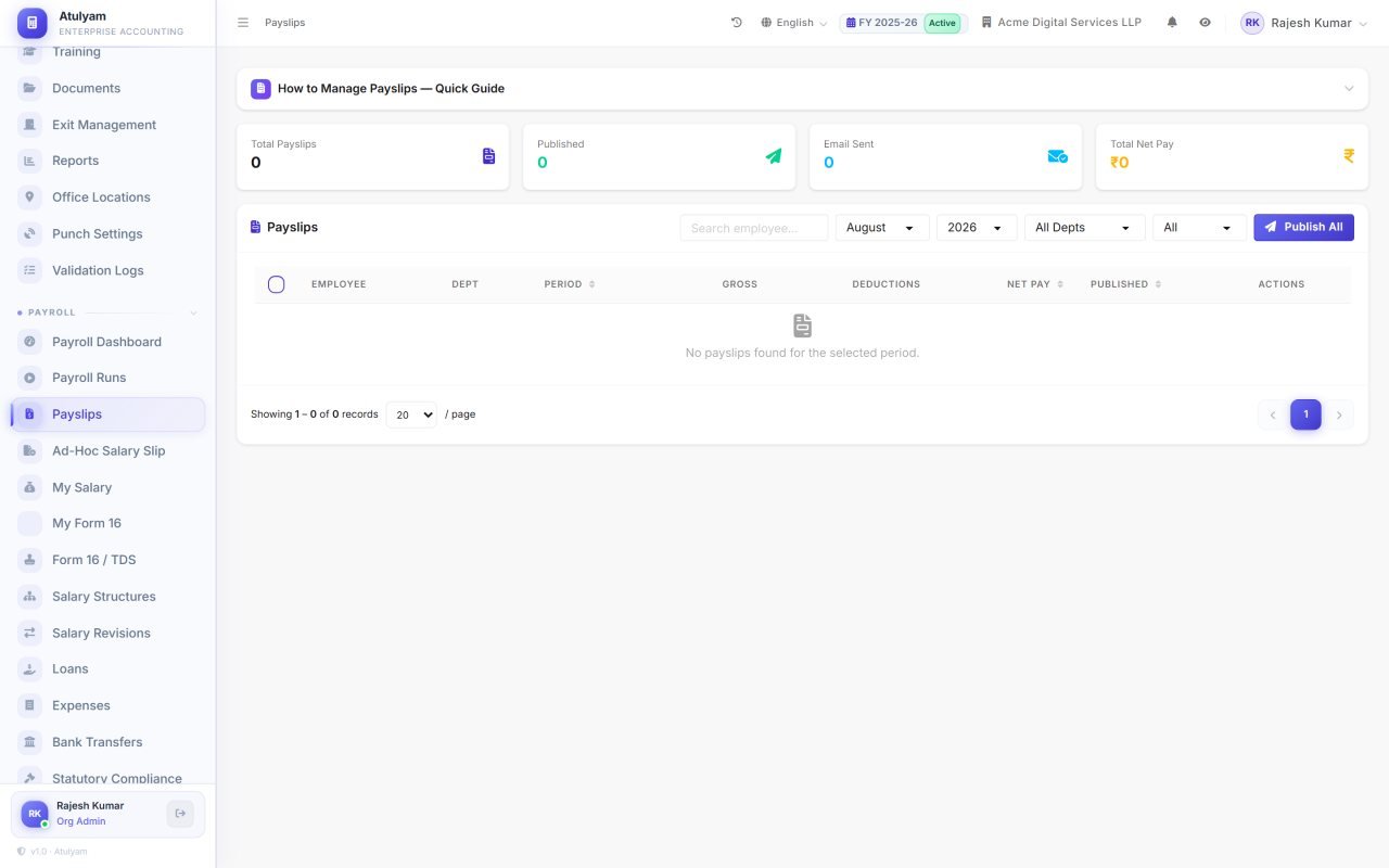 Payslips screen in Atulyam — Generated from the run, styled by your template, and collected by employees from the portal.
