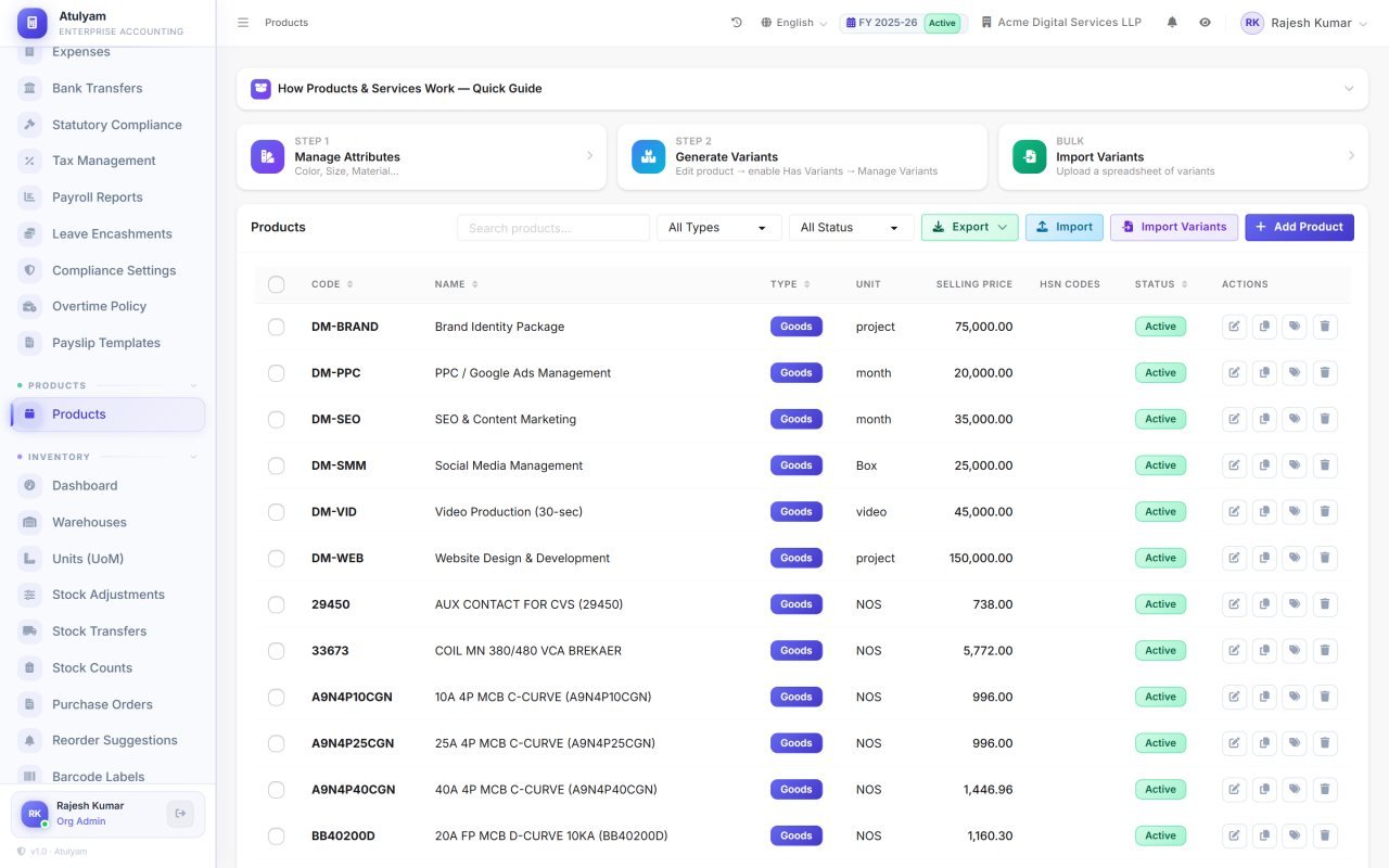 Products & variants screen in Atulyam — Catalogue with categories, units, HSN mapping, attributes and generated variants.