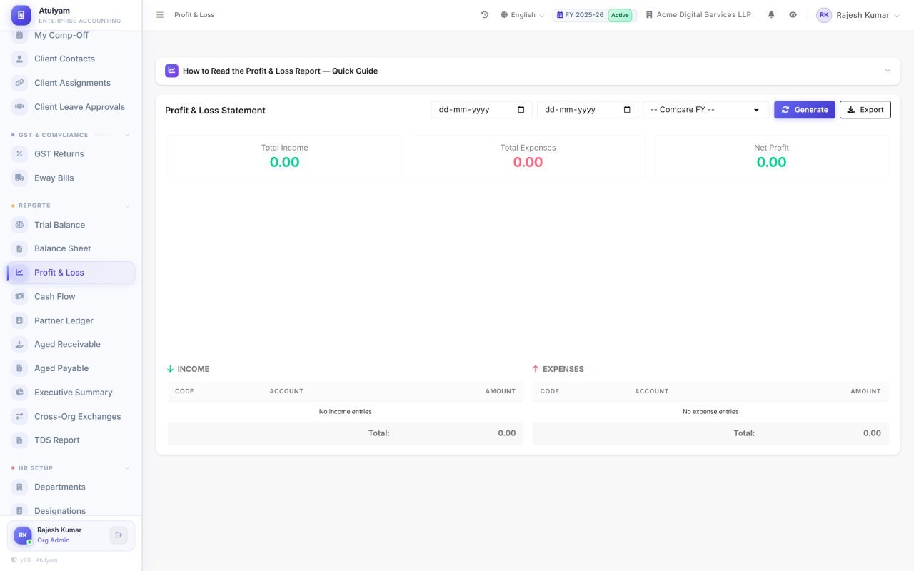 Profit & Loss screen in Atulyam — Drill from any figure into the entries behind it, compare periods, and export the result.