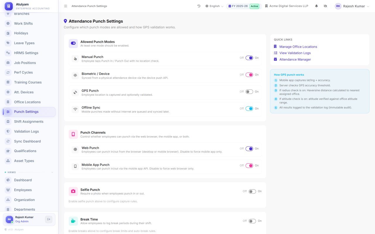 Punch settings screen in Atulyam — Choose which punch modes your organization allows, and how strictly each is validated.