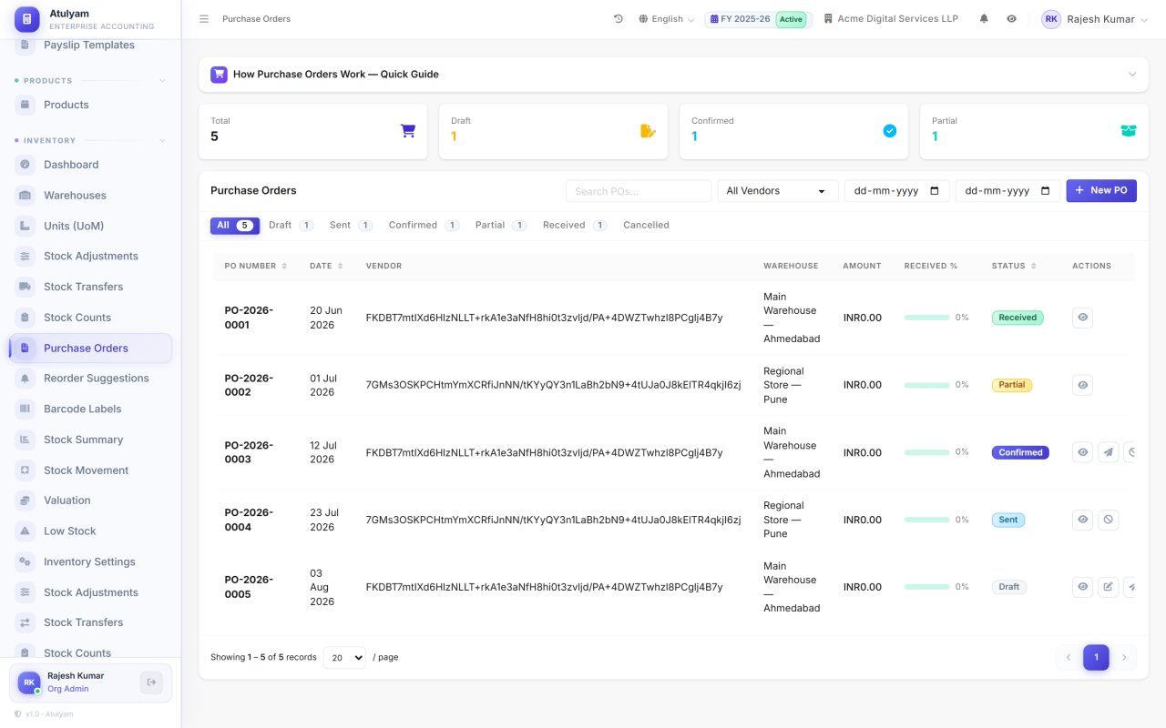 Purchase orders screen in Atulyam — Raise POs against vendor rates, receive against them, and match them to the vendor bill.
