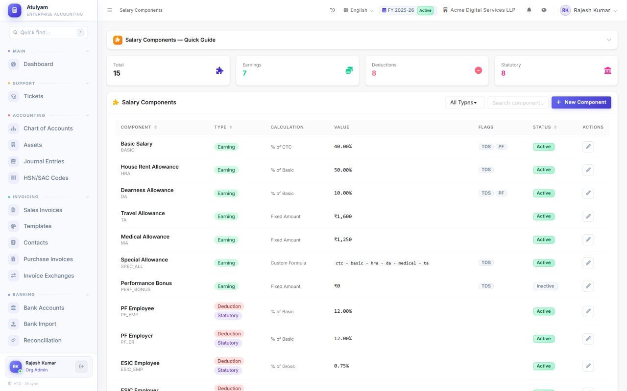 Salary components screen in Atulyam — Earnings and deductions you define yourself, including the statutory heads.